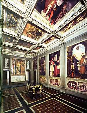 The theme of this first room, decorated between 1613 and 1635, is a eulogy of Michelangelo